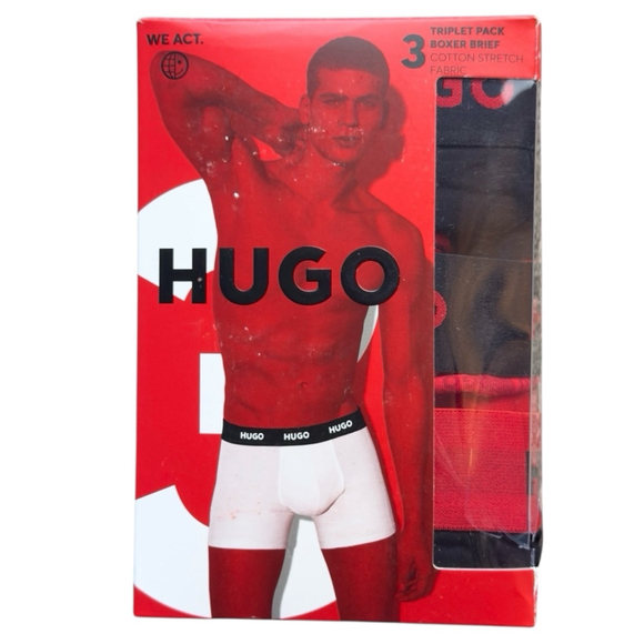 Hugo Boss Mens Large Boxer Brief Long Stretch Cotton 3 Pack Black Red New - Picture 1 of 10